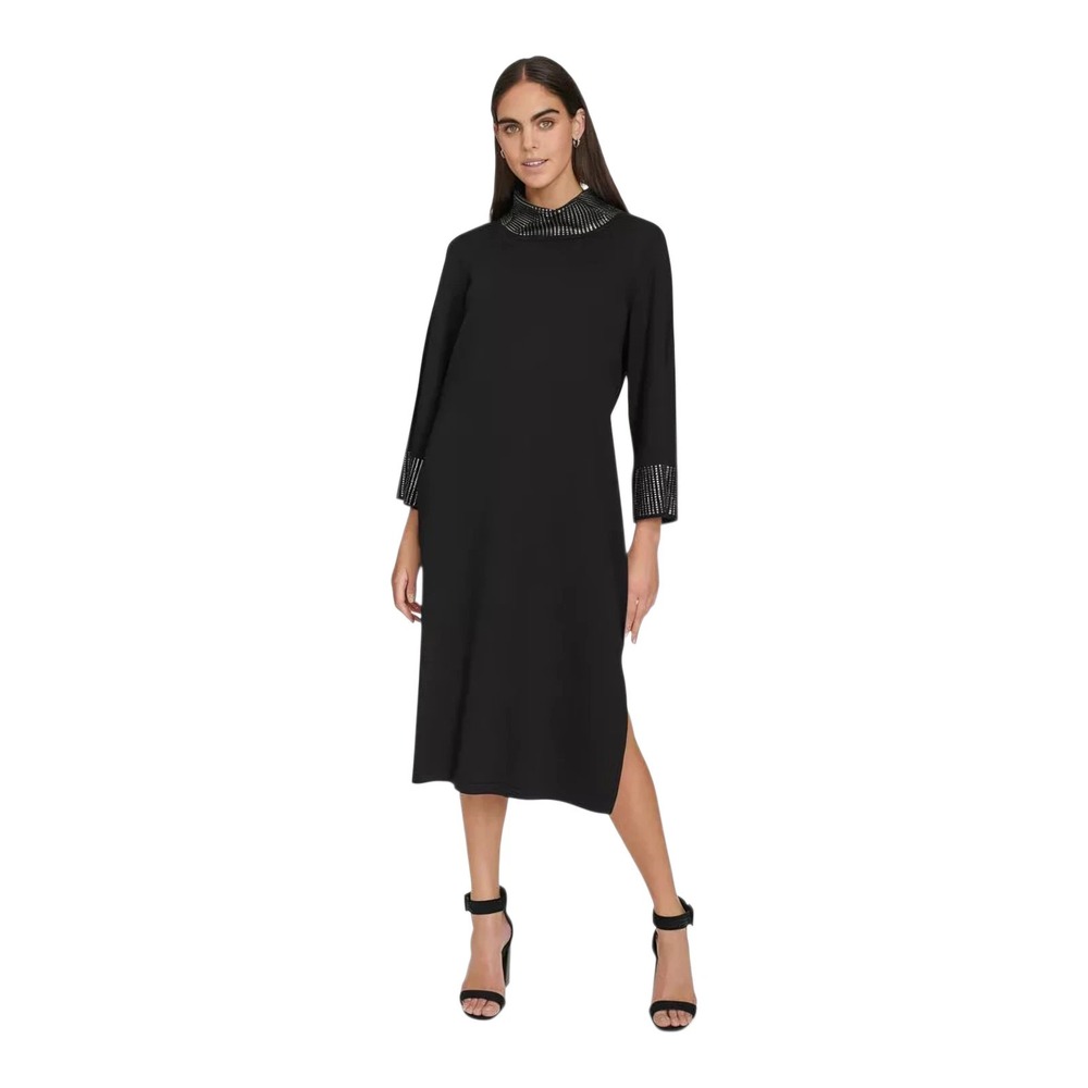 Calvin Klein Women Black Mock Neck Embellished Sheath‎ Dress Long Sleeve M